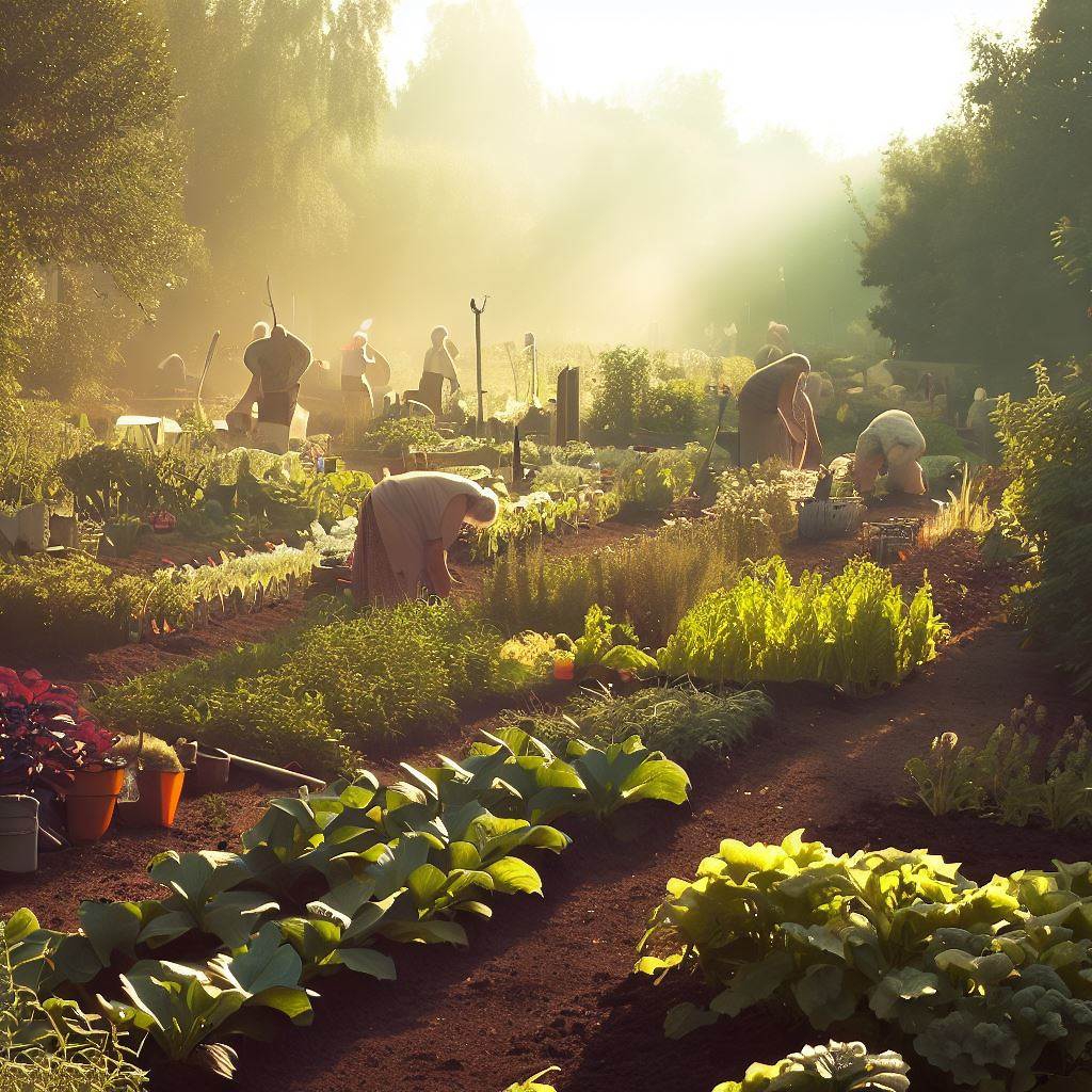 Groente tuin in de ochtend met mensen Groente tuin in de ochtend met mensen