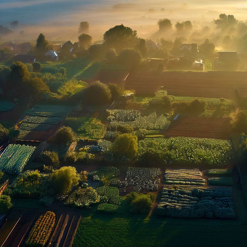Groente tuin in de ochtend vanuit de lucht Groente tuin in de ochtend vanuit de lucht