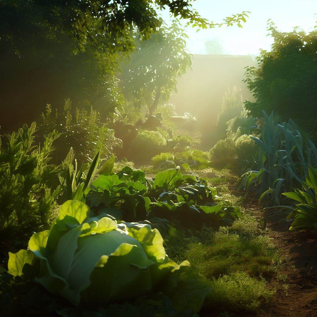 Groente tuin in de ochtend Groente tuin in de ochtend